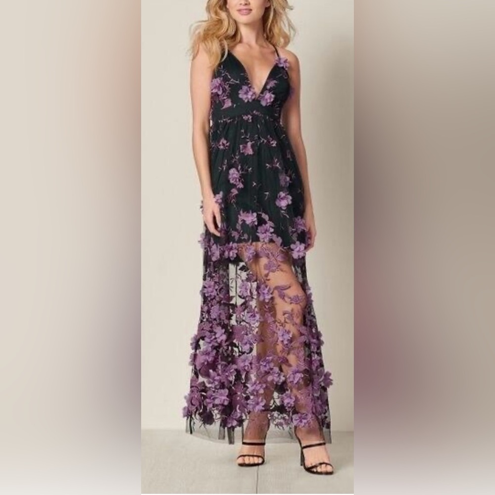 VENUS Floral 3-D Applique Mesh Layered Maxi Dress 4 Worn 1x
